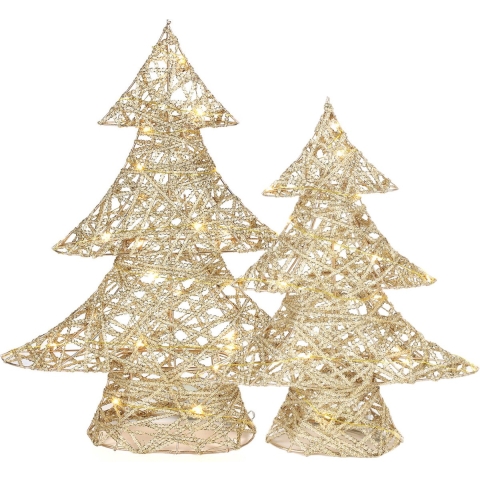 Decoratie kerstboompjes - 2x st - goud - met verlichting - H35 en h48 cm -