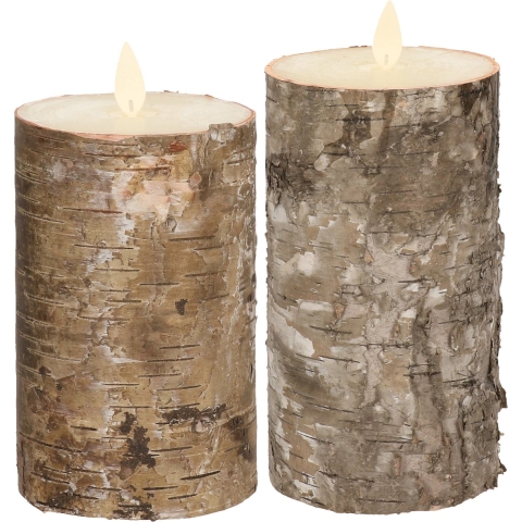 LED kaarsen/stompkaarsen - set 2x - bruin berkenhout - H12,5 en H15 cm - bewegende vlam -