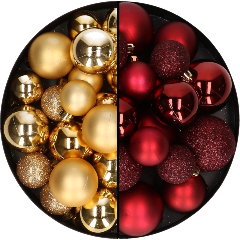 Kerstballen 60x stuks - mix donkerrood/goud - 4-5-6 cm - kunststof -
