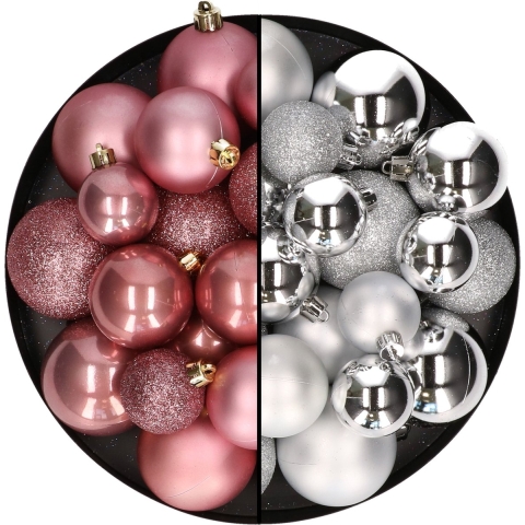 Kerstballen 60x stuks - mix oudroze/zilver - 4-5-6 cm - kunststof -
