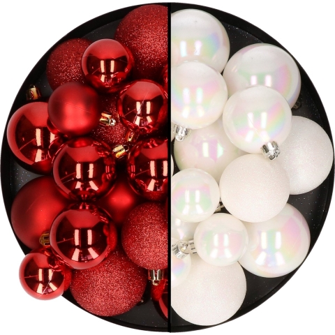 Kerstballen 60x stuks - mix parelmoer wit/rood - 4-5-6 cm - kunststof -