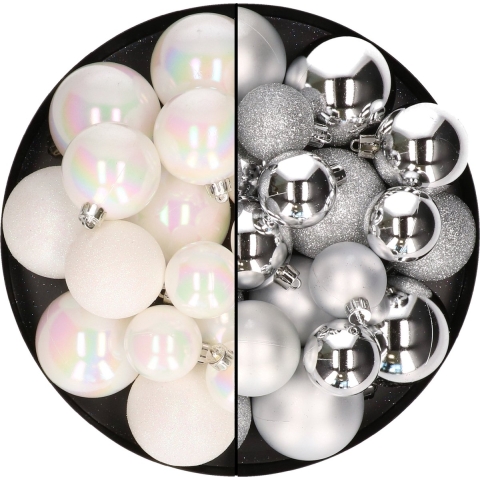 Kerstballen 60x stuks - mix parelmoer wit/zilver - 4-5-6 cm - kunststof -