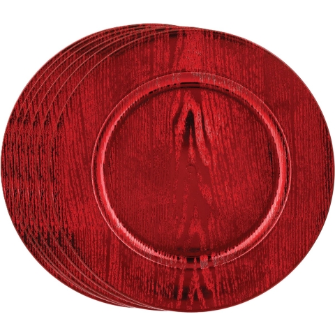 Diner/kerstdiner onderborden - 8x st - hout look - rood - kunststof - D33 x H2 cm- rond -