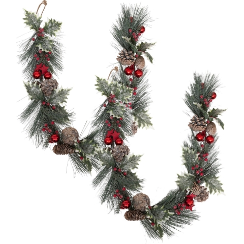 Dennenslingers/dennen guirlandes - 2x - met kerstversiering - rood - 100 x 7,5 cm - kunststof -