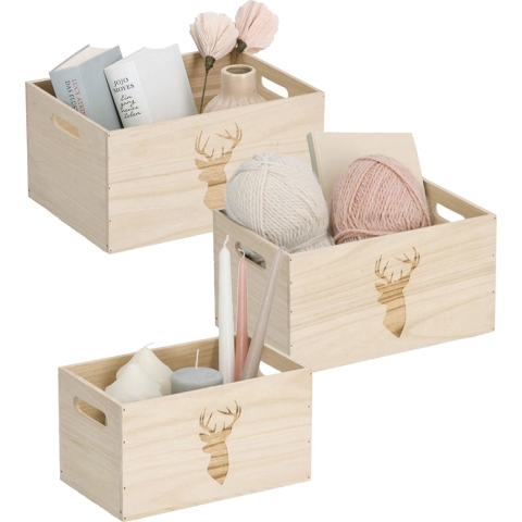 Opberg box/kist - set van 3 - naturel - hout - gestempeld hertenmotief -