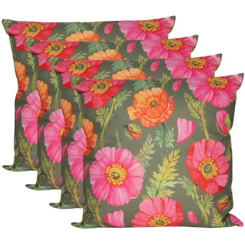Sierkussen voor binnen en buiten - 4x - klaprozen bloemen - groen/roze - 45 x 45 cm - tuinkussen -