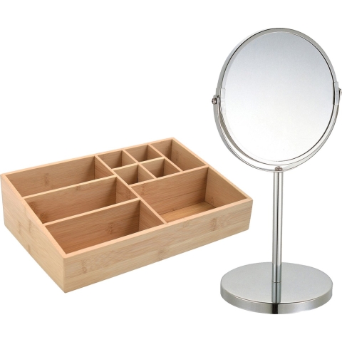 Make-up organizer 9 vaks en spiegel set - 33 x 21 cm - bamboe/metaal - bruin/zilver - 3x zoom -
