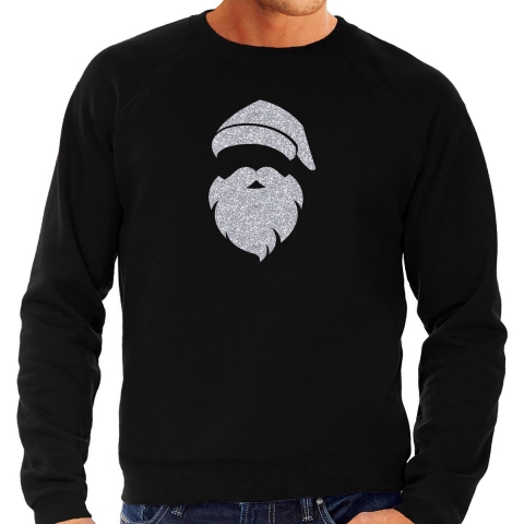 Kerstman hoofd Kerst sweater / trui zwart voor heren met zilveren glitter bedrukking 2XL -