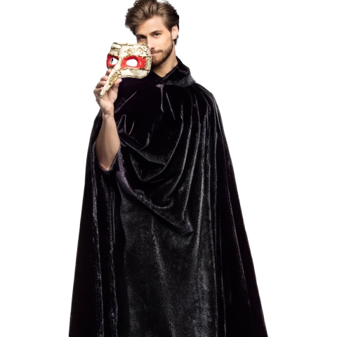 Carnaval gemaskerd bal verkleedset - Snavelmasker rood/goud - man met capuchon zwart - volwassenen -