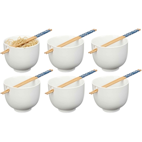 Pokebowl/ramen/noedels servies set - 6x - kommetje en chopsticks - keramiek - wit - sushi eet set -