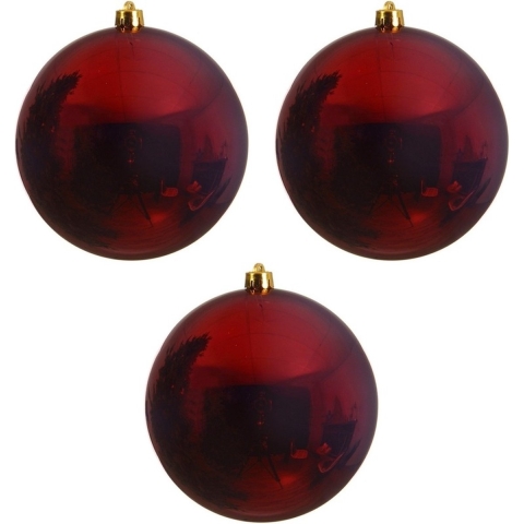 Decoris Kerstbal - 3x - donkerrood - groot - 20 cm - kunststof - glans -