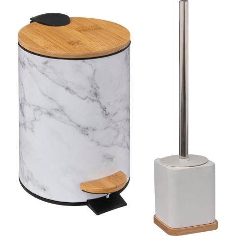 Badkamer/toilet accessoires set - WC-borstel in houder en prullenbak - wit - bamboe - 3 liter -