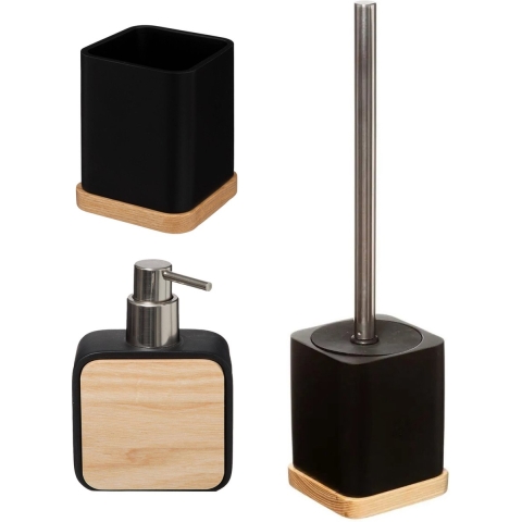 Badkamer/toilet accessoires set 3-delig - zwart - bamboe - WC-borstel/tandenborstelhouder/zeeppompje -