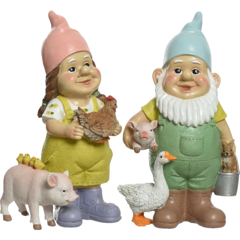 Tuinkabouter set 2x - met dieren - kunststeen - H29 cm -