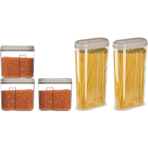 Voedselcontainers set - 5 stuks - beige - 2350ml en 1000ml - kunststof - voorraadpot/strooibus -
