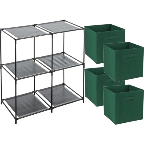 Opbergrek 2-laags - metaal - kunststof - zwart - 67 x 68 cm - incl. 4 opbergmanden donker groen -