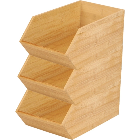 Stapelbare opbergmand 1 vaks - 3x - L18 x B31 x H12 cm - bamboe hout - lichtbruin - organizer -