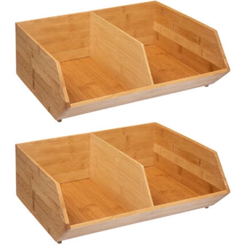 Stapelbare opbergmand 2 vaks - 2x - L35 x B31 x H12 cm - bamboe hout - lichtbruin - organizer -