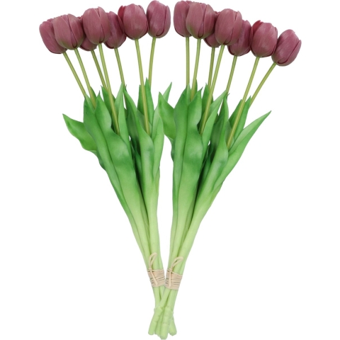 Kunst tulpen boeket - 14x stuks - aubergine paars - real touch - 43 cm -