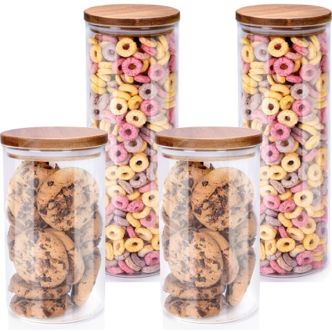 Voorraadpot/bewaarpot Foodking - 4-delige set - borosilicaat glas - 950/1650 ml - glas/hout -