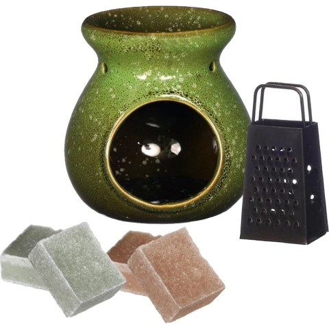 Amberblokjes cadeau set - geurbrander/mini rasp/amberblokjes - jasmijn/sandelhout - groen -