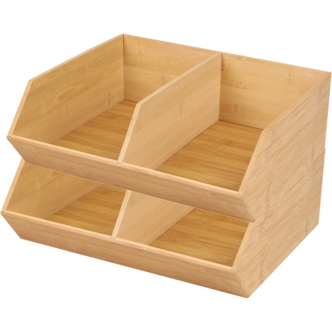 Stapelbare opbergmand 2 vaks - 2x - L35 x B31 x H12 cm - bamboe hout - lichtbruin - organizer -