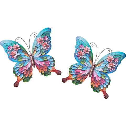 Wanddecoratie vlinders - 2x stuks - multi/roze - metaal - muurdecoratie -