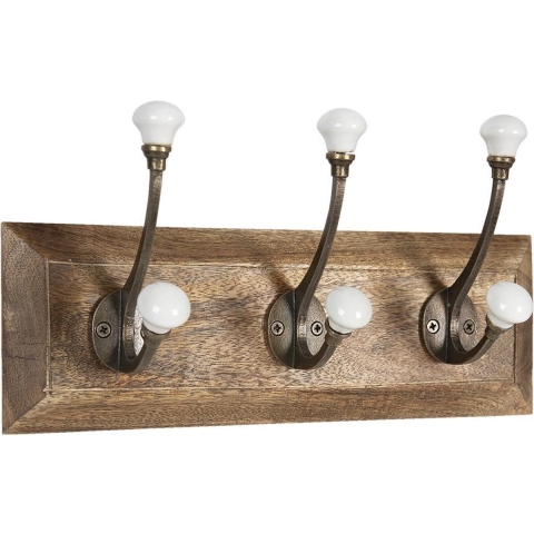 Clayre & Eef Wandkapstok 3 haken 30x8x10 cm Bruin Wit Hout Ijzer