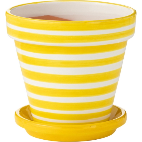 J-Line Flowerpot+Plate Granada Stripes Handmade+Painted Ceramic Yel