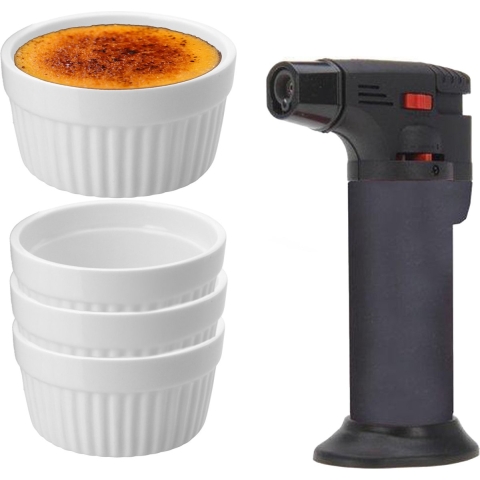 7-Delige creme brulee set met witte schaaltjes en een grijze brander -