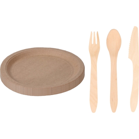 Houten verjaardag bestek voor 48x personen set en 50x Duurzame papieren taart/hapjes bordjes 23 cm -
