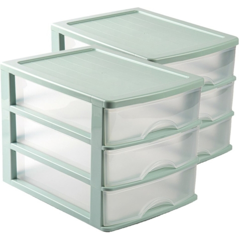 Voordeelset van 4x stuks kleine organiser ladeblokje 3x lades van kunststof 35 x 27 x 26 cm groen -