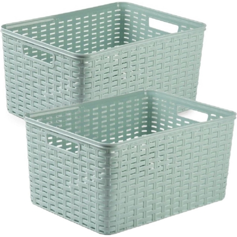 5x stuks rotan gevlochten opbergmand/opbergbox kunststof - mintgroen - 38 x 28 x 19 cm -