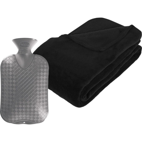 Fleece deken/plaid Zwart 230 x 180 cm en een warmwater kruik 2 liter -