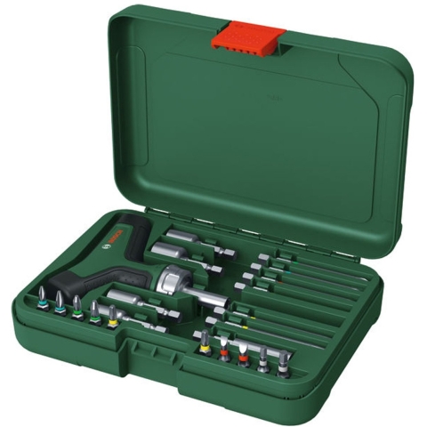 Bosch Groen T-handle ratchet screwdriver set 22-piece (T-greep ratel/bitschroevendraaier, 22x bit (6x lange bits (75 mm): PH2, PZ2, SL5, TX15/20/25,