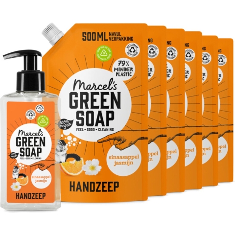 Marcel's Green Soap Handzeep Sinaasappel&Jasmijn 250 ml 6 Navullingen Pakket