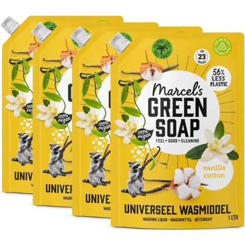 4x Marcel's Green Soap Wasmiddel Navul Vanille&Katoen 23 Wasbeurten 1 liter