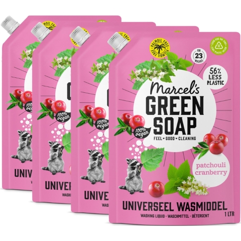 4x Marcel's Green Soap Wasmiddel Navul Patchouli&Cranberry 23 Wasbeurten 1 liter