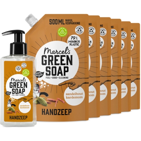 Marcel's Green Soap Handzeep Sandelhout&Kardemom 250 ml + 6 Navullingen Pakket