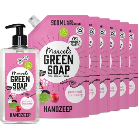 Marcel's Green Soap Handzeep Patchouli&Cranberry 500 ml + 6 Navullingen Pakket