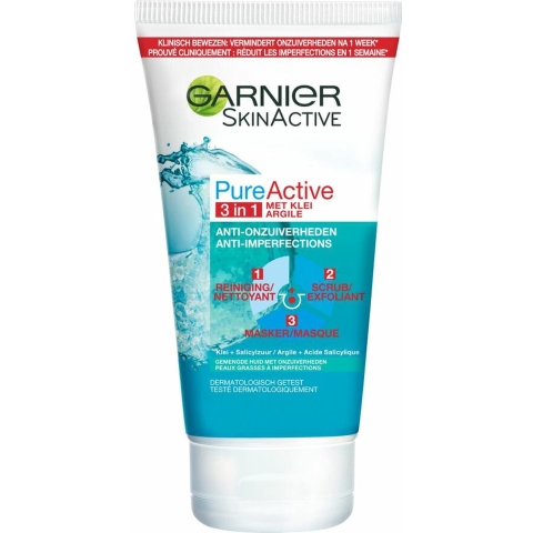 3x Garnier PureActive 3-in-1 Gezichtsreiniging met Klei 150 ml