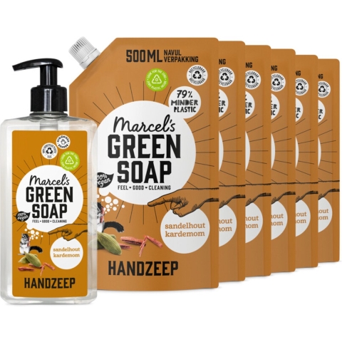 Marcel's Green Soap Handzeep Sandelhout&Kardemom 500 ml + 6 Navullingen Pakket