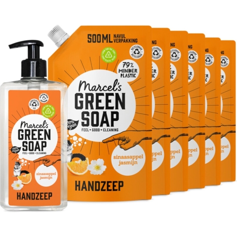 Marcel's Green Soap Handzeep Sinaasappel&Jasmijn 500 ml + 6 Navullingen Pakket