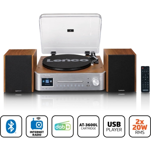 LENCO MC-660WDSI - Hifi set met internet, DAB+ en FM radio, Bluetooth®, CD/MP3-speler en platenspeler met twee externe houten luidsprekers - Zilver/Ho