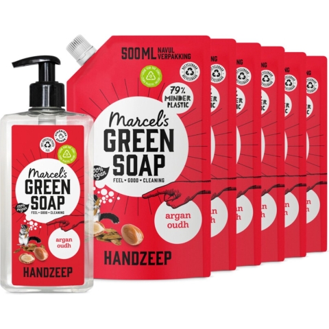 Marcel's Green Soap Handzeep Argan&Oudh + 6 Navullingen Pakket