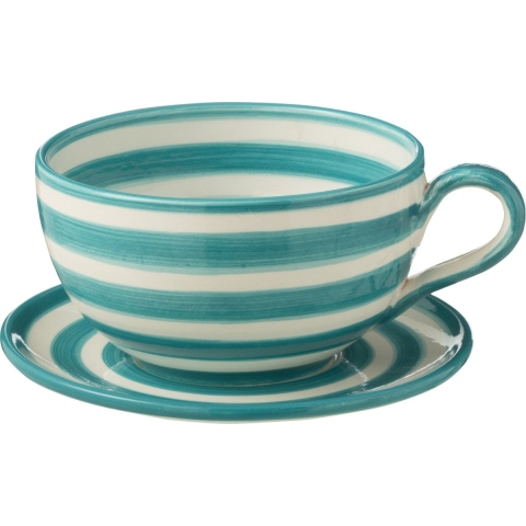 J-Line Cup+Plate Granada Stripes Ceramic White|Aqua