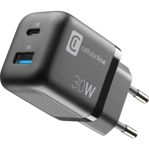 Cellularline Oplader 30w Gan Multipower Micro Usb-a + Usb-c Pd Thuislader