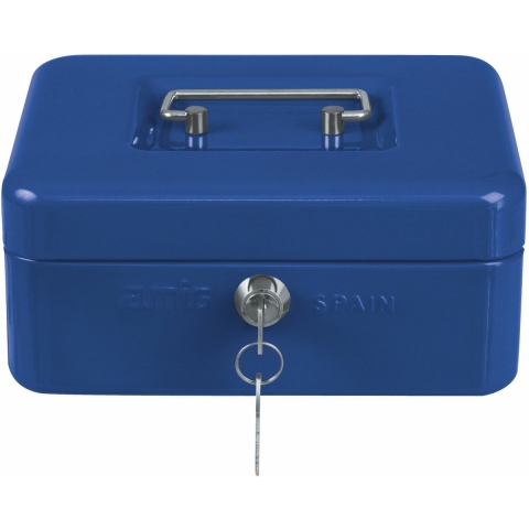 Geldkistje met 2 sleutels - blauw - staal - muntbakje - 25 x 18 x 9 cm - inbraakbeveiliging -