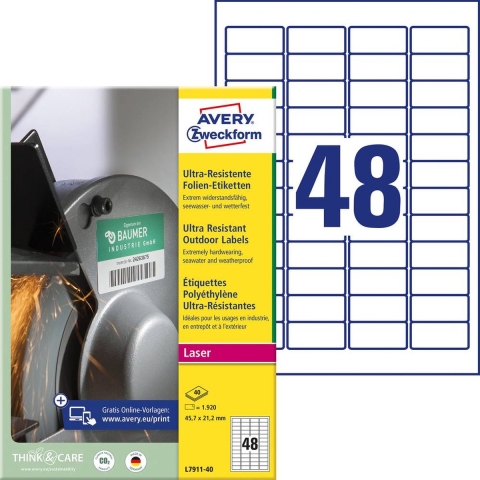 Avery-Zweckform L7911-40 Folie-etiketten 45.7 x 21.1 mm Polyethyleen folie Wit 1920 stuk(s) Permanent hechtend Laser (kleur), Laser (zwart/wit), Kopiëren