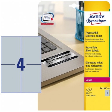 Avery-Zweckform L6134-20 Etiketten voor typeplaatjes 105 x 148 mm Polyester folie Zilver 80 stuk(s) Permanent hechtend Laser (zwart/wit), Kopiëren (zwart/wit),